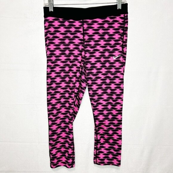 Nike Womens Cropped Running Pants Pink Black Ikat Stretch Drawstring Waist Sz M - Picture 1 of 8